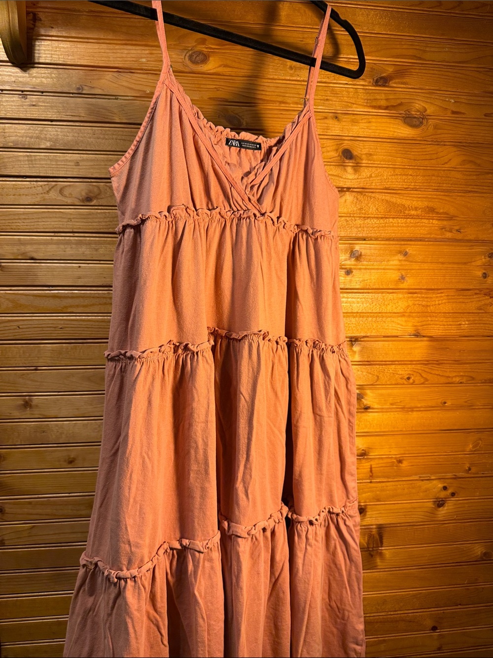 Zara Dusty Rose Tiered Spaghetti-Strap cotton Maxi Dress